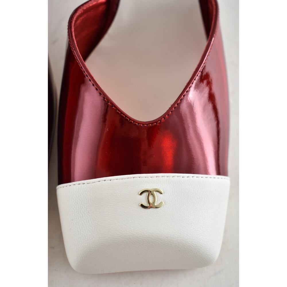 Chanel 26S Blazy Red White Square Toe Sling CC Logo Slingback Block Heel Pump 38 - Picture 13 of 16